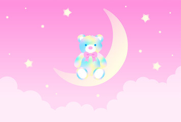 vector background with a rainbow teddy bear on the crescent moon in the sky for banners, cards, flyers, social media wallpapers, etc.