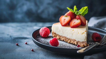 Cheesecake with strawberries.
