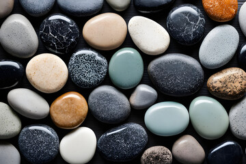 A collection of smooth, polished round stones and pebbles in vibrant colors, captured close-up for decorative wallpaper. Featuring a variety of textures quartz  ,template for designers.