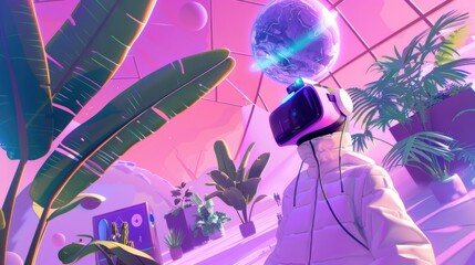 A solitary figure in VR stands amidst a lush, digital greenhouse, pointing to the intersection of technology and nature in a virtual ecosystem - obrazy, fototapety, plakaty