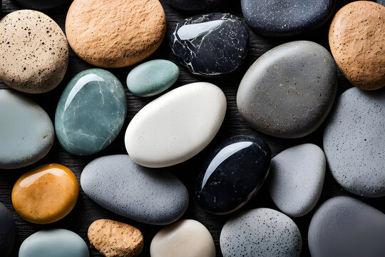 A collection of smooth, polished round stones and pebbles in vibrant colors, captured close-up for decorative wallpaper. Featuring a variety of textures quartz  ,template for designers.