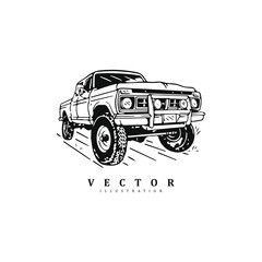 Vintage ketch hand drawn pick up truck car logo design vector art illustration