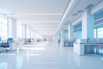 A beautiful modern spacious office hall with panoramic windows and a perspective in pleasant blue tones