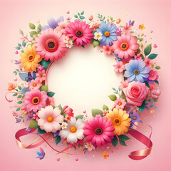 Frame of flowers with pink background ,center is empty for message 