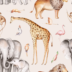 Wild animals watercolor seamless pattern with giraffe and elephant, monkey with cockatoo, parrot savannah with palm trees. Repeating background. - 747784640