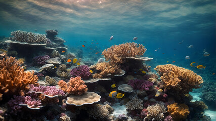 Fototapeta na wymiar The symphony of coral reefs and colorful fishes