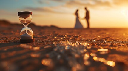 Hourglass on Deserted Beach, Blurred Loving Couple: Passage of Time and Irreversible Loss of Love - Time And Emotions - obrazy, fototapety, plakaty