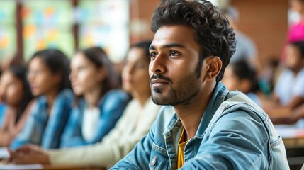 Multiethnic Indian Man Acquiring New Academic Skills in Classroom with Other People. Formal Adult...