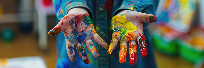Children's hands are stained with paints.