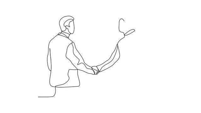 Animated self drawing of  Handshake of two businessmen, partnership concept, Shaking hands to seal a deal. Video illustration business deal activity in simple linear style vector design concept.