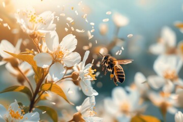 Flying honey bee collecting pollen at yellow flower. Bee flying over the yellow flower in blur background ,detail of honeybee in Latin Apis Mellifera, european or western honey bee sitting - obrazy, fototapety, plakaty
