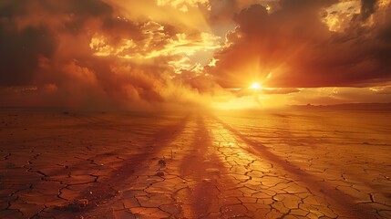 Striking sunrise over a dry cracked desert landscape. nature's beauty captured in warm hues. ideal for background or wallpaper. AI