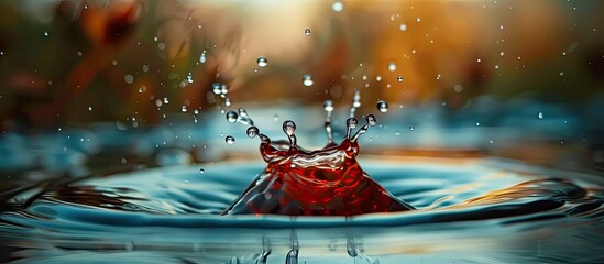 A vibrant red liquid is seen splashing into a serene body of water, creating ripples and a dynamic visual impact. The contrasts in color and motion add an intriguing element to the tranquil water