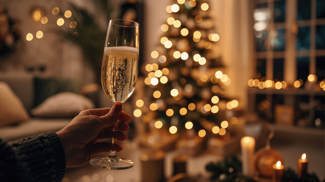 Person holding glass of champagne in front of festive Christmas tree