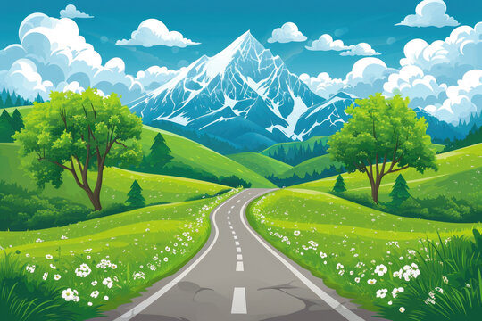 Scenic road in green valley with majestic mountain backdrop