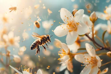Fotobehang Flying honey bee collecting pollen at yellow flower. Bee flying over the yellow flower in blur background ,detail of honeybee in Latin Apis Mellifera, european or western honey bee sitting © Sittipol 