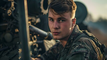 Confident young man in military gear with a focused gaze. portrait of a soldier in uniform. captured moment of bravery and duty. stylish and authentic military shot. AI