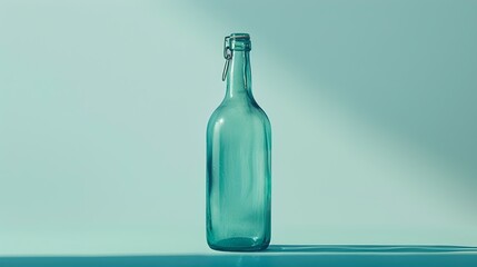 Transparent glass bottle on a calm blue background. minimalist product presentation. ideal for modern advertising. simple yet impactful composition. AI