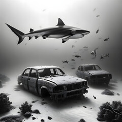 a black and white image of a serene underwater scene where two wrecked cars lie at the bottom of the ocean. Above them, a single shark swims gracefully, adding a sense of life