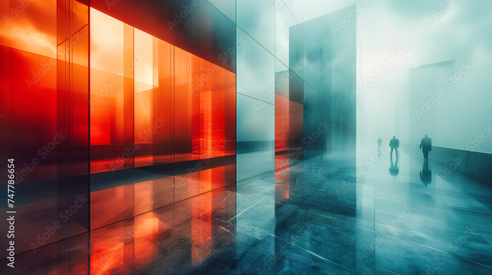 Poster modern office corridor with abstract architecture, sleek design and bright illuminated spaces