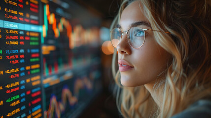 a young beautiful woman looking at the monitor with stock market data. Trading and financial concept.