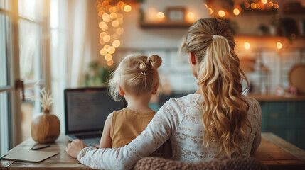 Children education and home school concept : Young beautiful mother pleased to see little daughters' study online sitting on desk at modern home minimal decor.