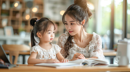 Children education and home school concept : Young beautiful mother pleased to see little...