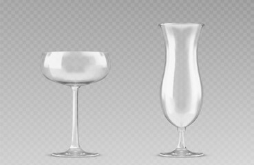 Cocktail glass of different forms for champagne and long drink in realistic vector. Empty transparent glassware mockup for alcohol booze. Restaurant or kitchen glossy crockery for party bar beverages.