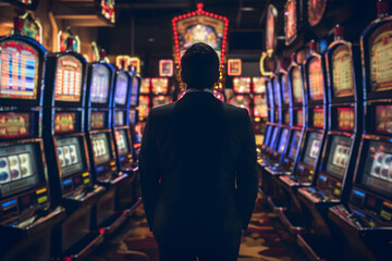 Back view of man wearing suit in casino room with gambling slot machines with colorful lights - obrazy, fototapety, plakaty