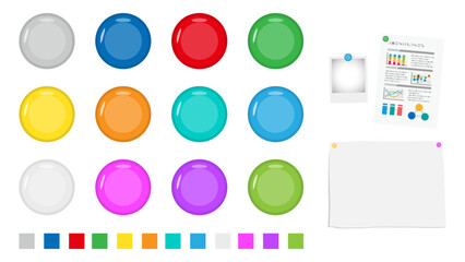 ホワイトボード・冷蔵庫などに使う丸型マグネットのベクターイラストのセット　12色　ベクター／透過PNG／白背景JPEG