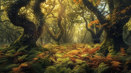 Forest autumn forest red orange.An ancient forest with giant trees and a carpet of ferns mysterious and ancient nature landscape fantasy nature background
