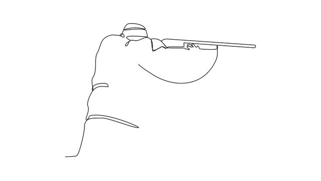 Animated self drawing of a hunter is hunting animals in the forest with a rifle video illustration. Hunting animal in forest activity illustration in simple linear style video design concept.