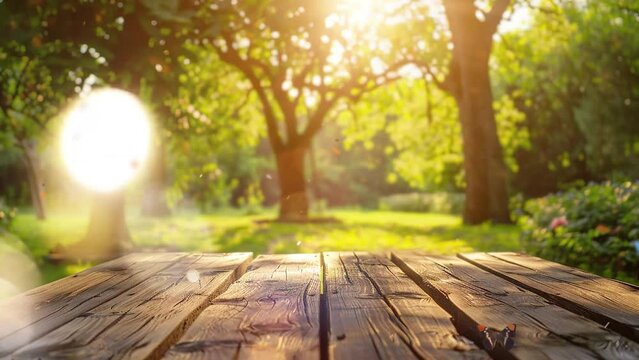 tree with sunlight on sunny bright day. empty wood table top and blurred green tree . seamless looping overlay 4k virtual video animation background