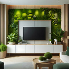 Modern living room interior , TV concealed in wall with beautiful design and cabinet below it 
