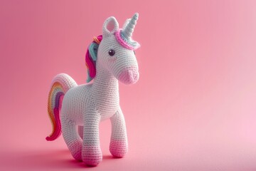 Adorable white crocheted amigurumi unicorn toy with a sparkly horn and colorful mane on pink background.