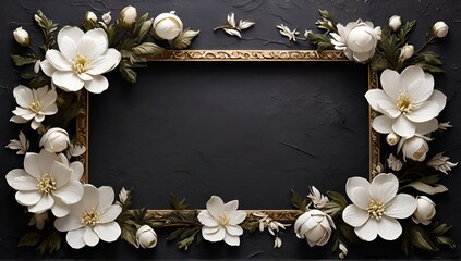 Luxury Floral Decorative Ornamental Frame with dark Background, A floral frame with white flowers and dark background, Premium gift design, Party, copy space for text, AI generated