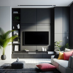Modern living room interior , TV concealed in wall with beautiful design and cabinet below it 