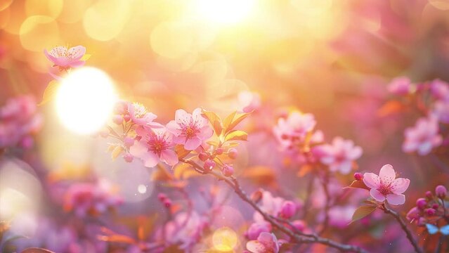 pink blossom flowers blooming in spring. beautiful pink flowers with sunlight at the background. seamless looping overlay 4k virtual video animation background