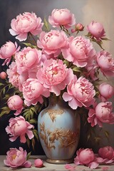 Vertical oil painting of pink peonies in a vase, Printable floral painting of pink peonies, Pink flowers oil painitng, AI generated