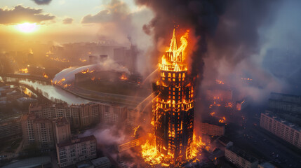 Aerial view of Babylon Tower on fire in Russia