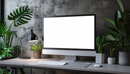 Blank screen monitor mockup has a table lamp and a few plants