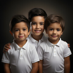 Marketing photo of 3 Happy Mexican children with white T-shirt 