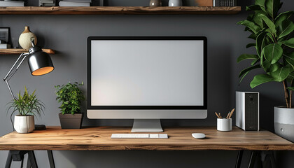 white monitor mockup with blank white screen on a work desk with various work equipment