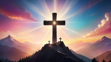 Silhouettes of cross on top mountain with bright sunbeam - obrazy, fototapety, plakaty