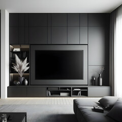 Modern living room interior , TV concealed in wall with beautiful design and cabinet below it 