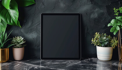 Black tablet mockup standing with its back against a black wall and with a few leaves - obrazy, fototapety, plakaty