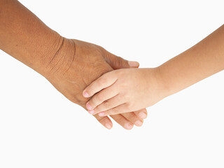 Grandmother and child little boy holding hand together with love.