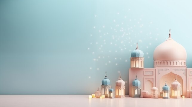 Ramadan kareem and eid fitr islamic concept background lantern illustration with mosque for wallpaper, poster, greeting card and flyer.