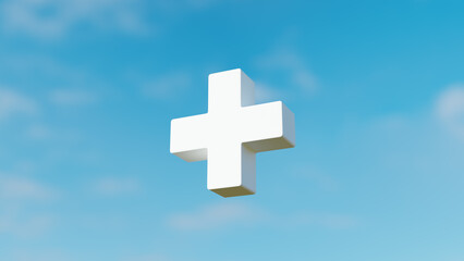 Obraz premium 青空と宙に浮かぶ白い十字。3D（横長）