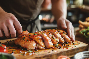 Close-up of chef hands cooking chicken fillet on wooden board